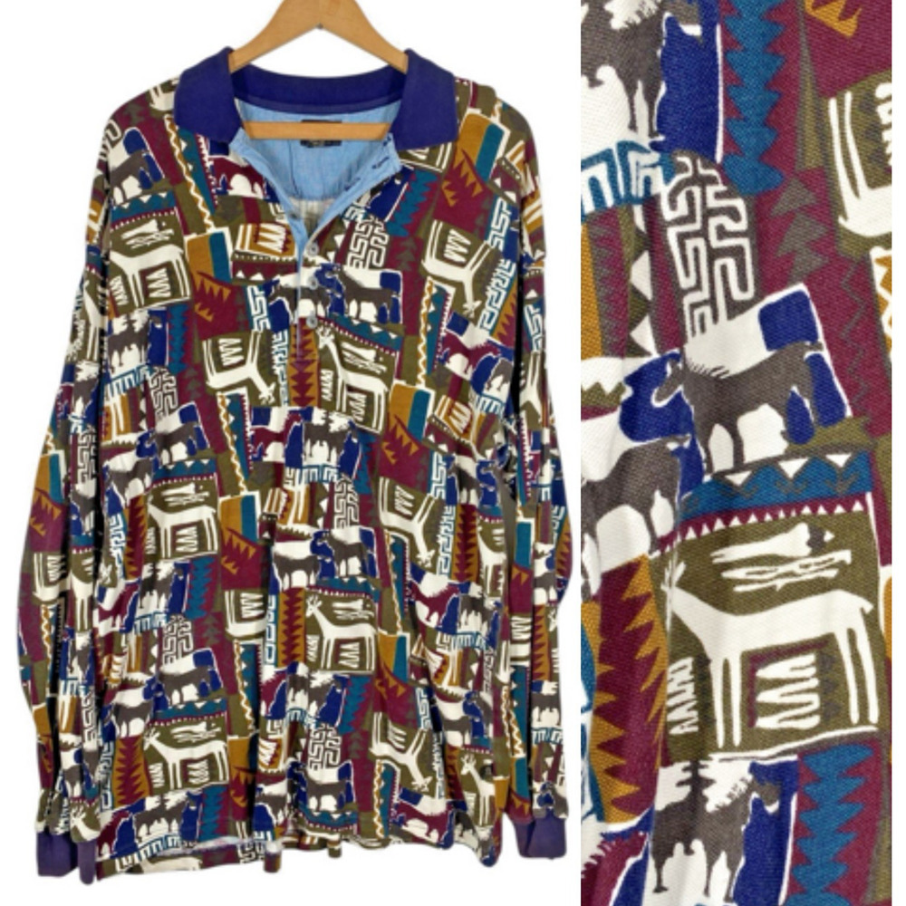 Structure Polo Shirt XL Mens 90s Abstract Moose Deer Horse Western Rodeo Cowboy
